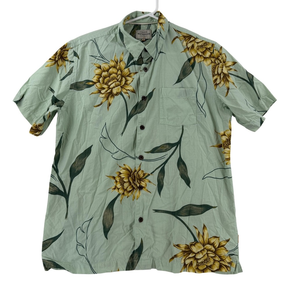 Quiksilver Waterman Shirt Mens Small Green Floral Hawaiian Button Up Casual